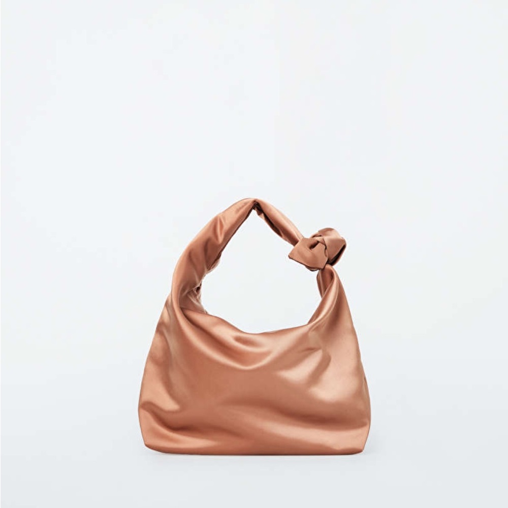 COS micro grab bag, rose pink/caramel satin finish with zip closure